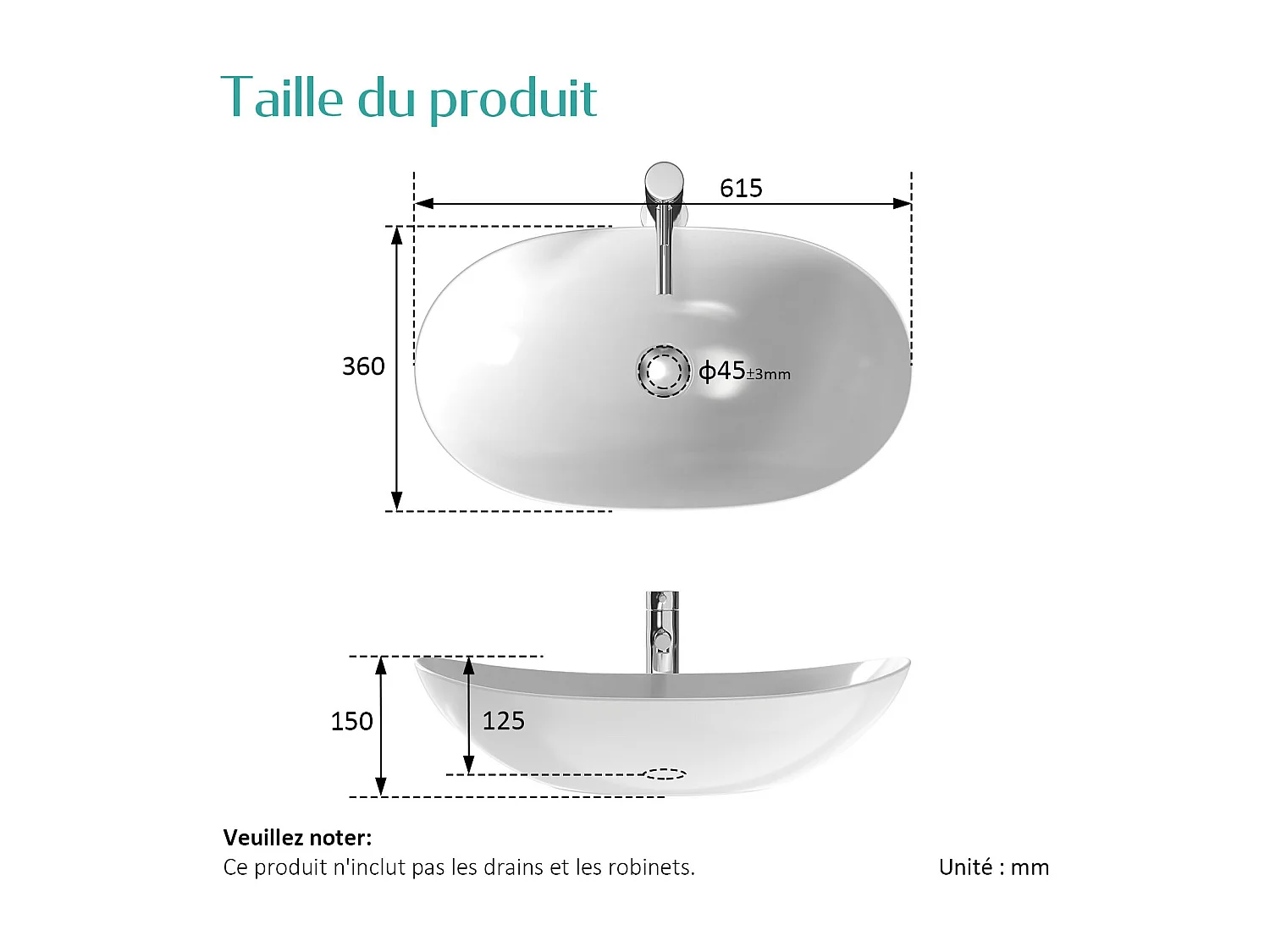 EMKE Opzetwastafel Ovaal - Keramiek - Glans Wit - 61.5x36x15 cm - Badkamer Wasbak