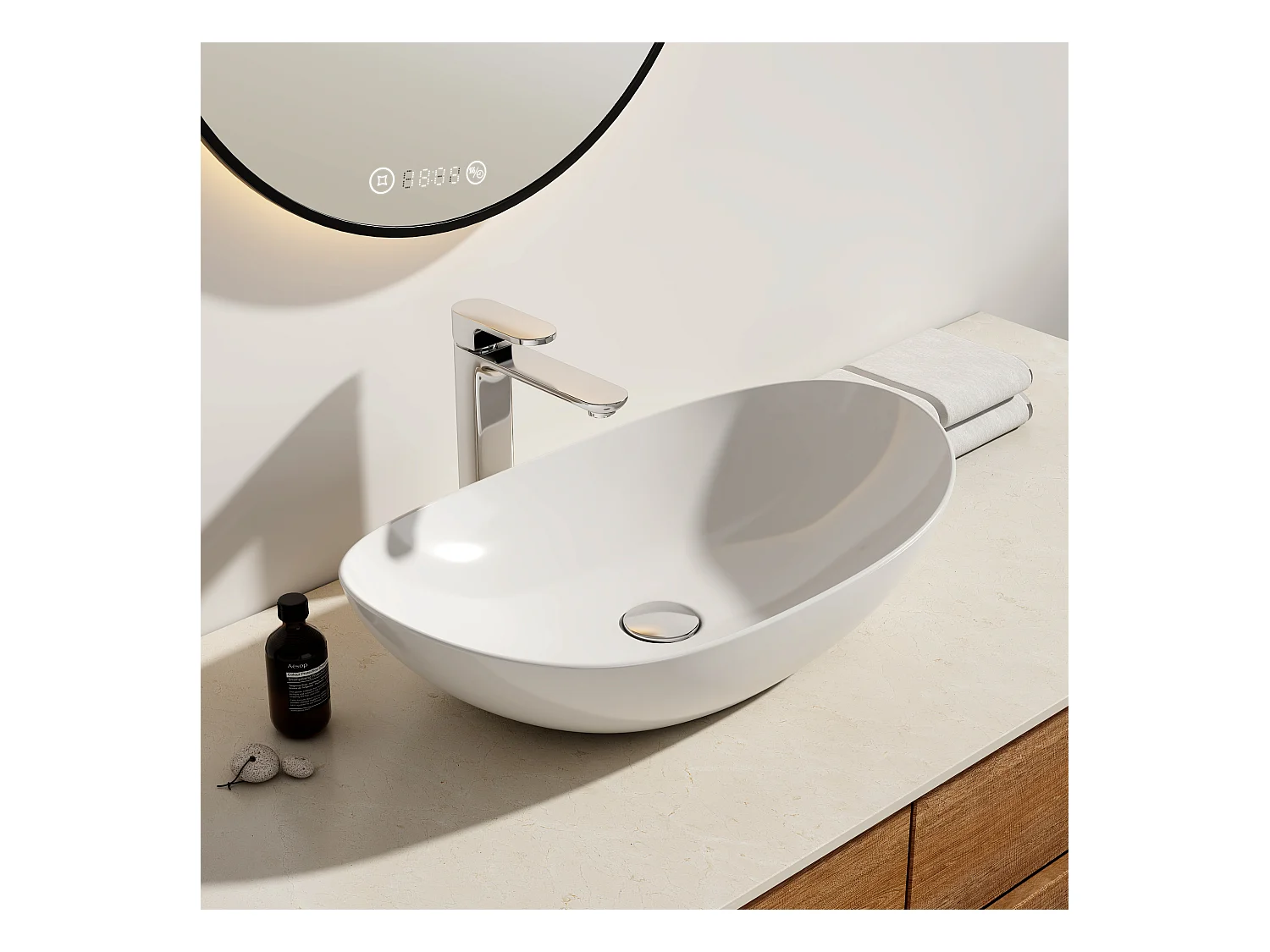 EMKE Vasque à Poser en céramique 61,5×36×15,5cm, Lavabo salle de bain Ovale, Lavabo à poser blanc brillant