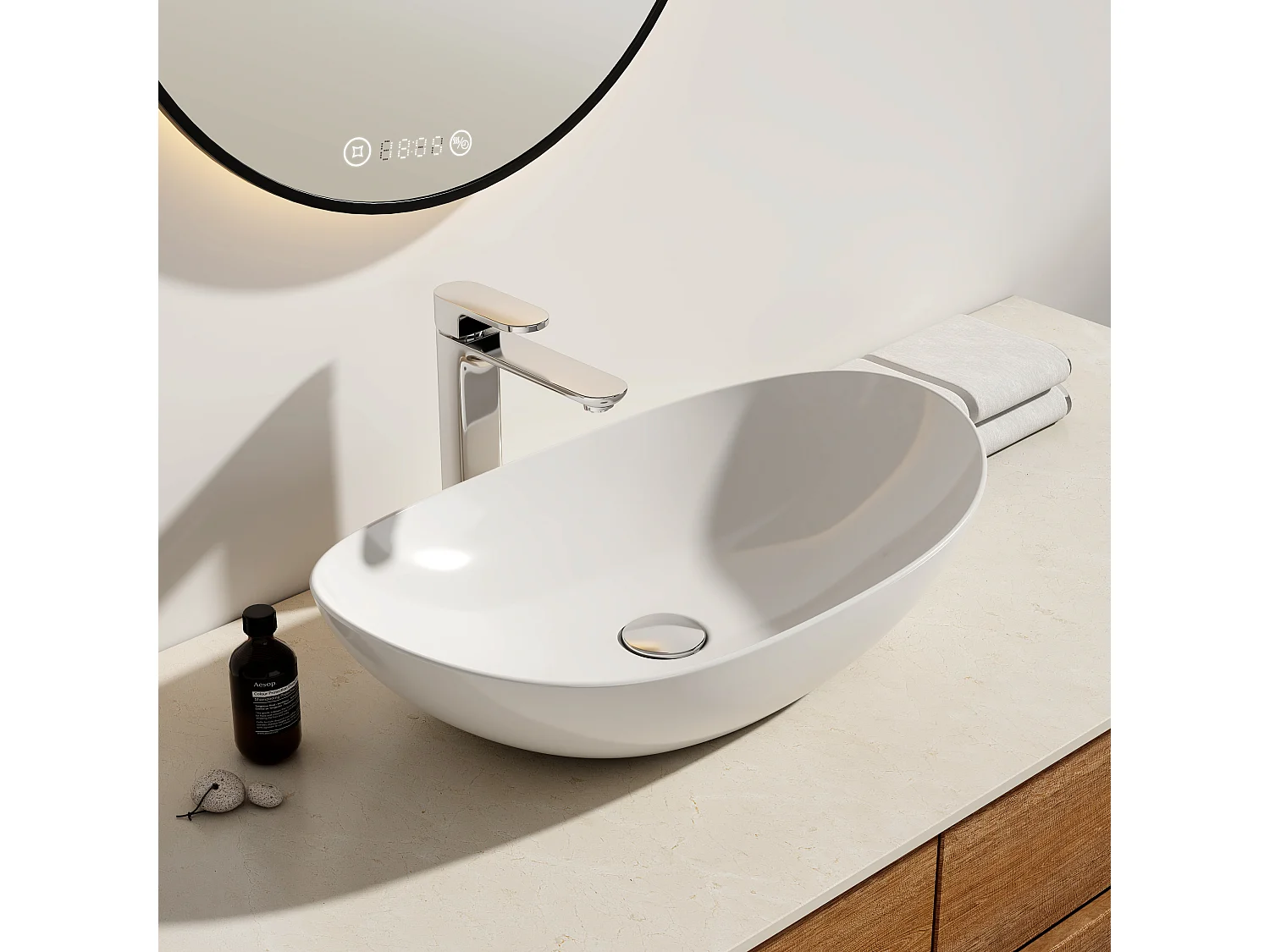 EMKE Vasque à Poser en céramique 61,5×36×15,5cm, Lavabo salle de bain Ovale, Lavabo à poser blanc brillant