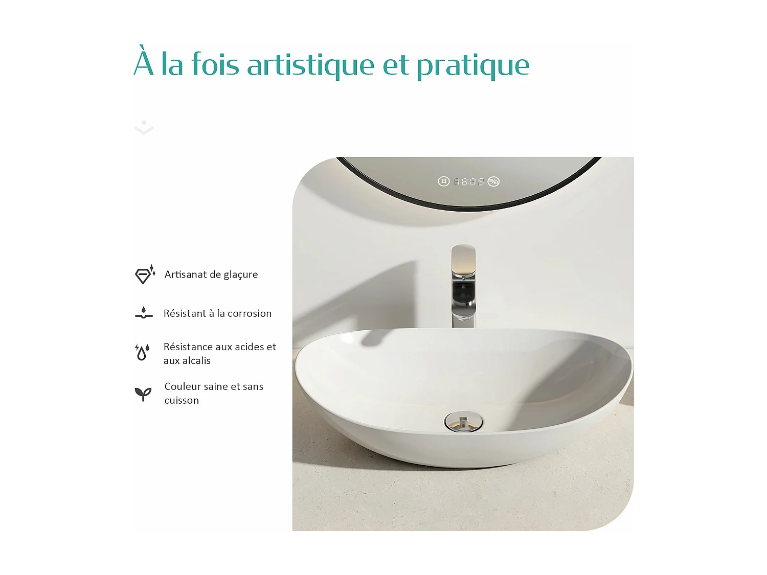 EMKE Vasque à Poser en céramique 61,5×36×15,5cm, Lavabo salle de bain Ovale, Lavabo à poser blanc brillant