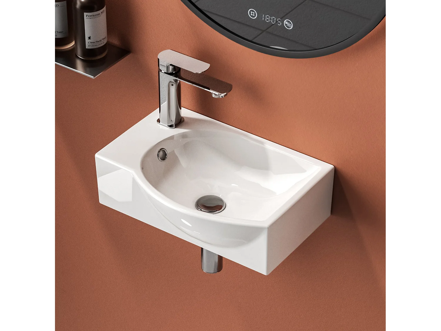 EMKE Lavabo Mural de Salle de Bain 405 x 280 x 140 mm, Vasque Rectangulaire en Céramique, Trou pour Robinet à Droit, Blanc Brillant