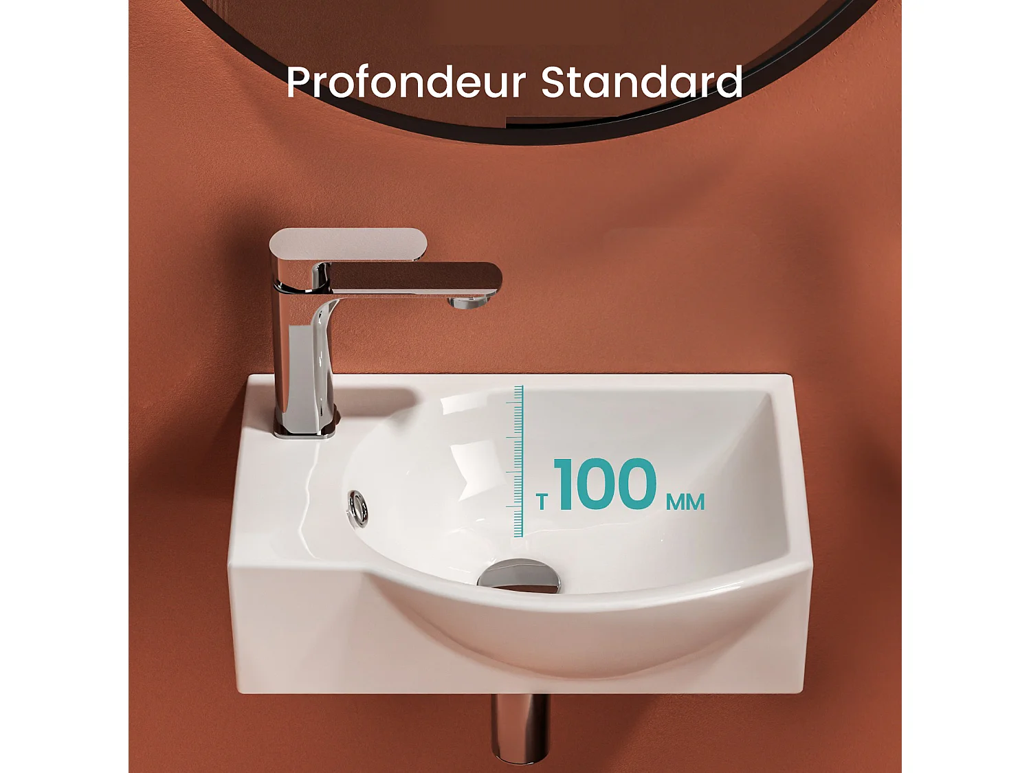 EMKE Lavabo Mural de Salle de Bain 405 x 280 x 140 mm, Vasque Rectangulaire en Céramique, Trou pour Robinet à Droit, Blanc Brillant