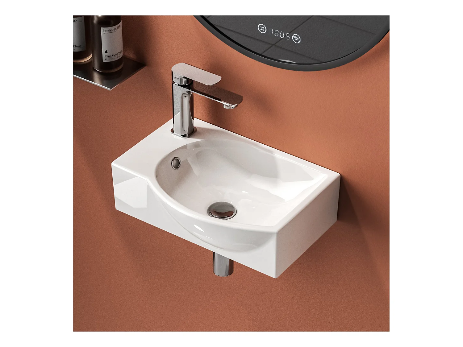EMKE Lavabo Mural de Salle de Bain 405 x 280 x 140 mm, Vasque Rectangulaire en Céramique, Trou pour Robinet à Droit, Blanc Brillant