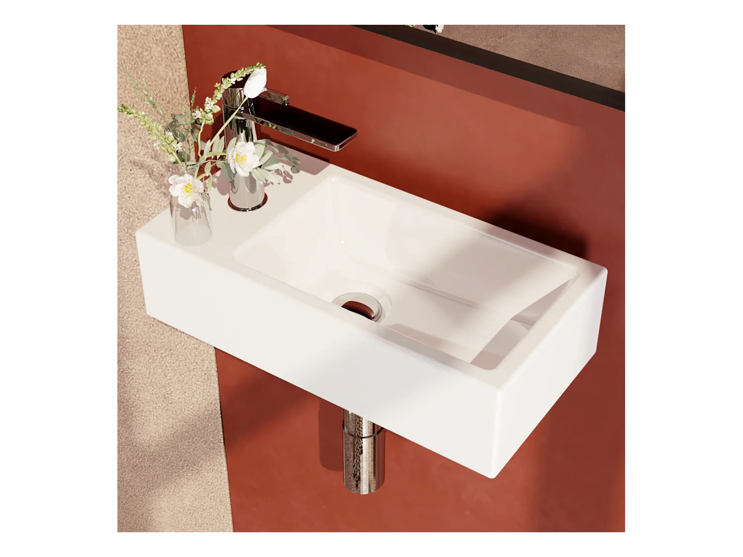 EMKE Aufsatzwaschbecken aus Keramik 40,5×20,5×10,5 cm, wandhängendes rechteckiges Waschbecken mit vorgebohrtem Wasserhahnloch, glänzend weiß