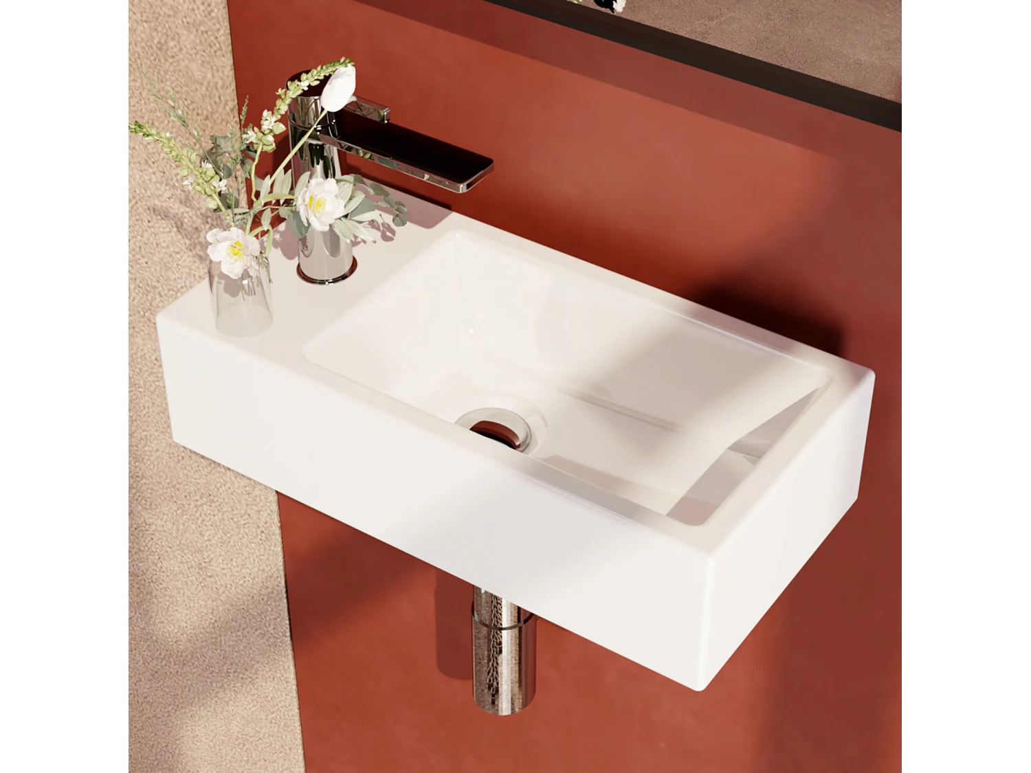 EMKE Vasque à Poser en céramique 40,5×20,5×10,5cm, Lavabo suspendu rectangulaire avec robinet trou prépercé, blanc brillant