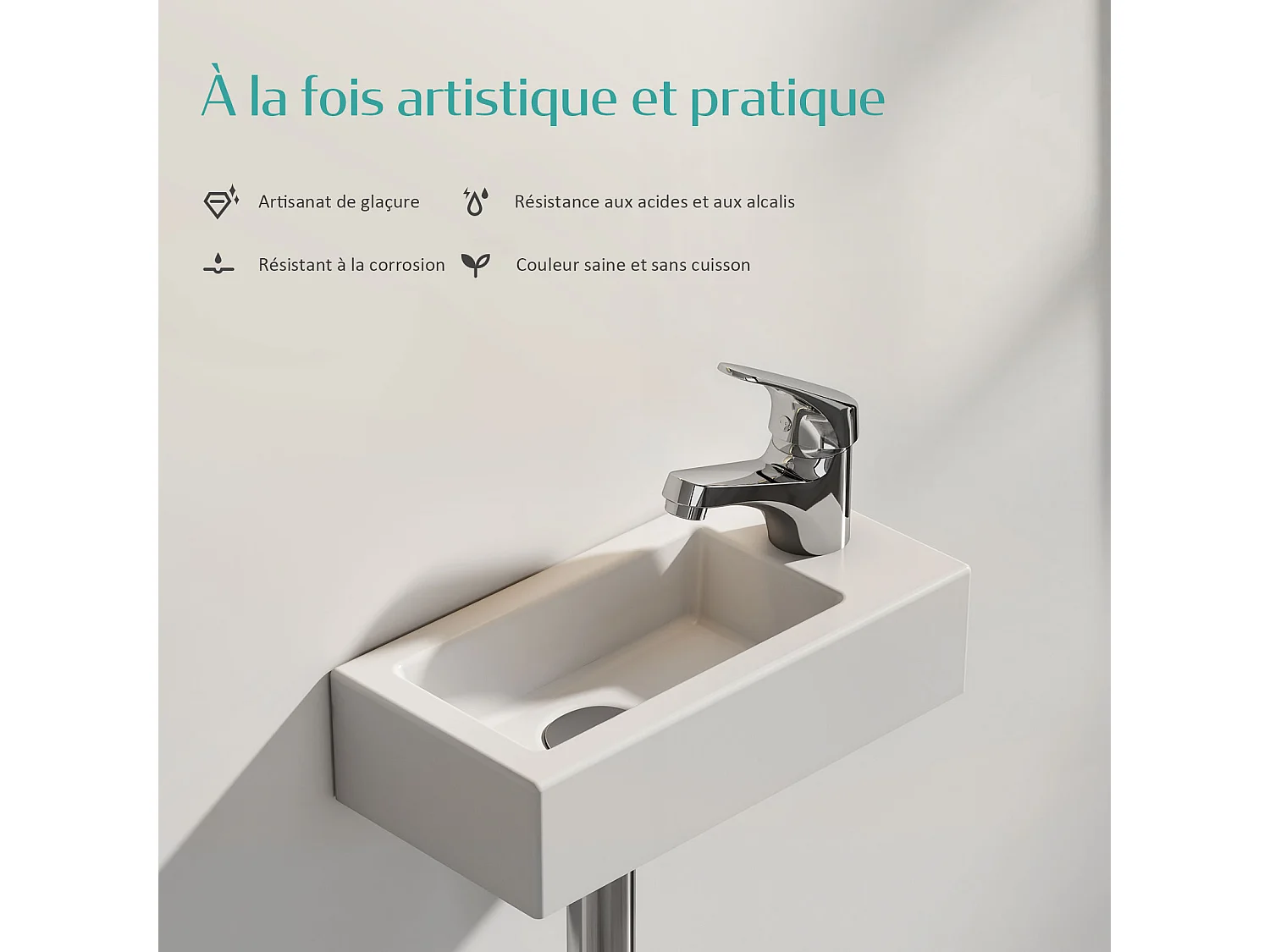 EMKE Vasque à Poser en céramique 40,5×20,5×10,5cm, Lavabo suspendu rectangulaire avec robinet trou prépercé, blanc brillant