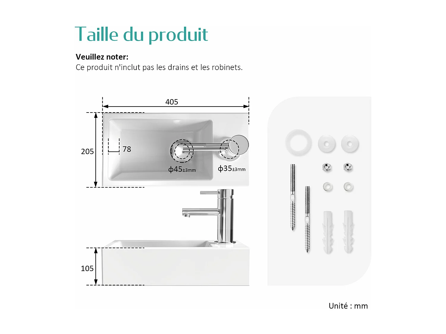EMKE Vasque à Poser en céramique 40,5×20,5×10,5cm, Lavabo suspendu rectangulaire avec robinet trou prépercé, blanc brillant