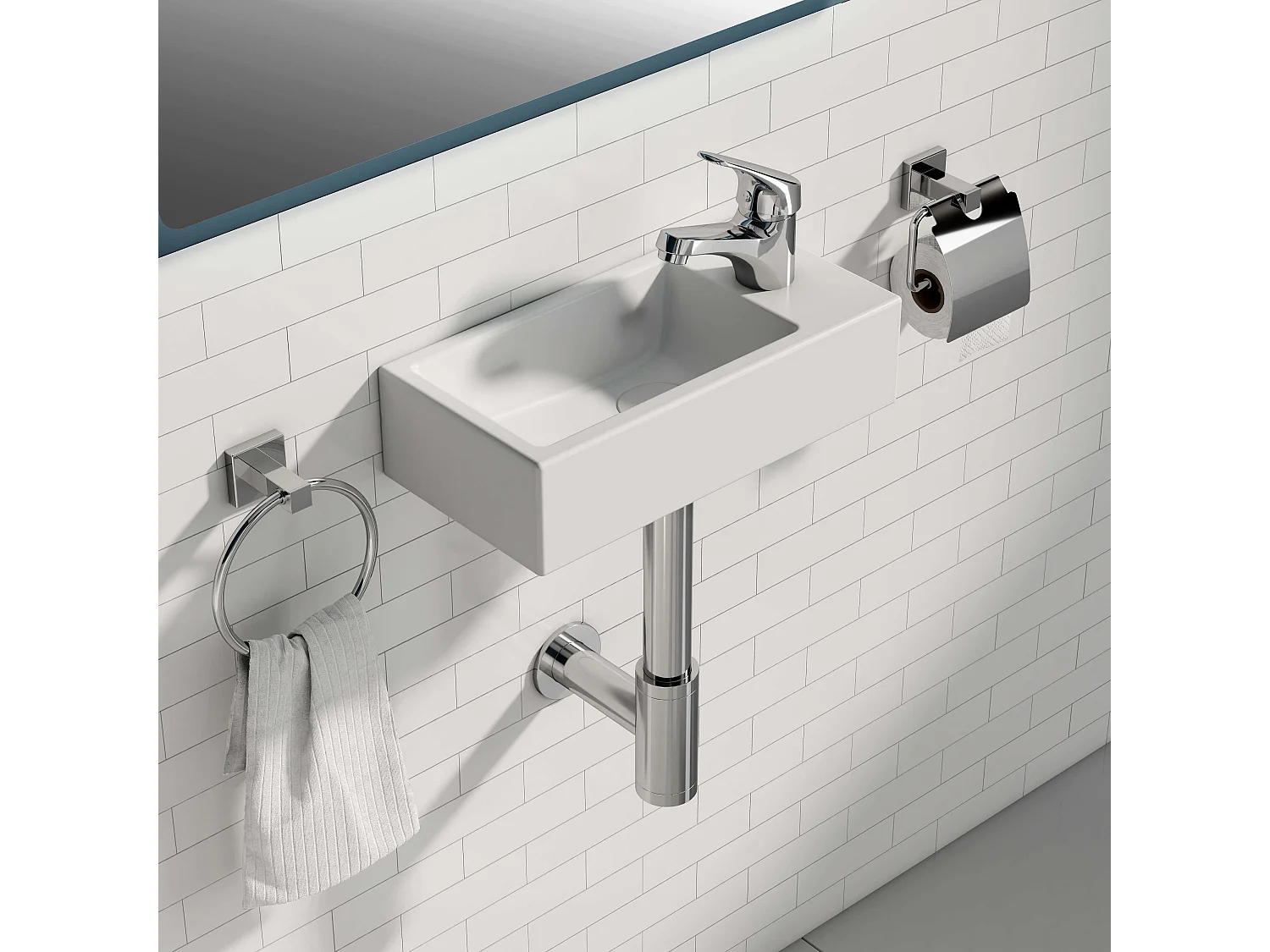 EMKE Vasque à Poser en céramique 40,5×20,5×10,5cm, Lavabo suspendu rectangulaire avec robinet trou prépercé, blanc brillant