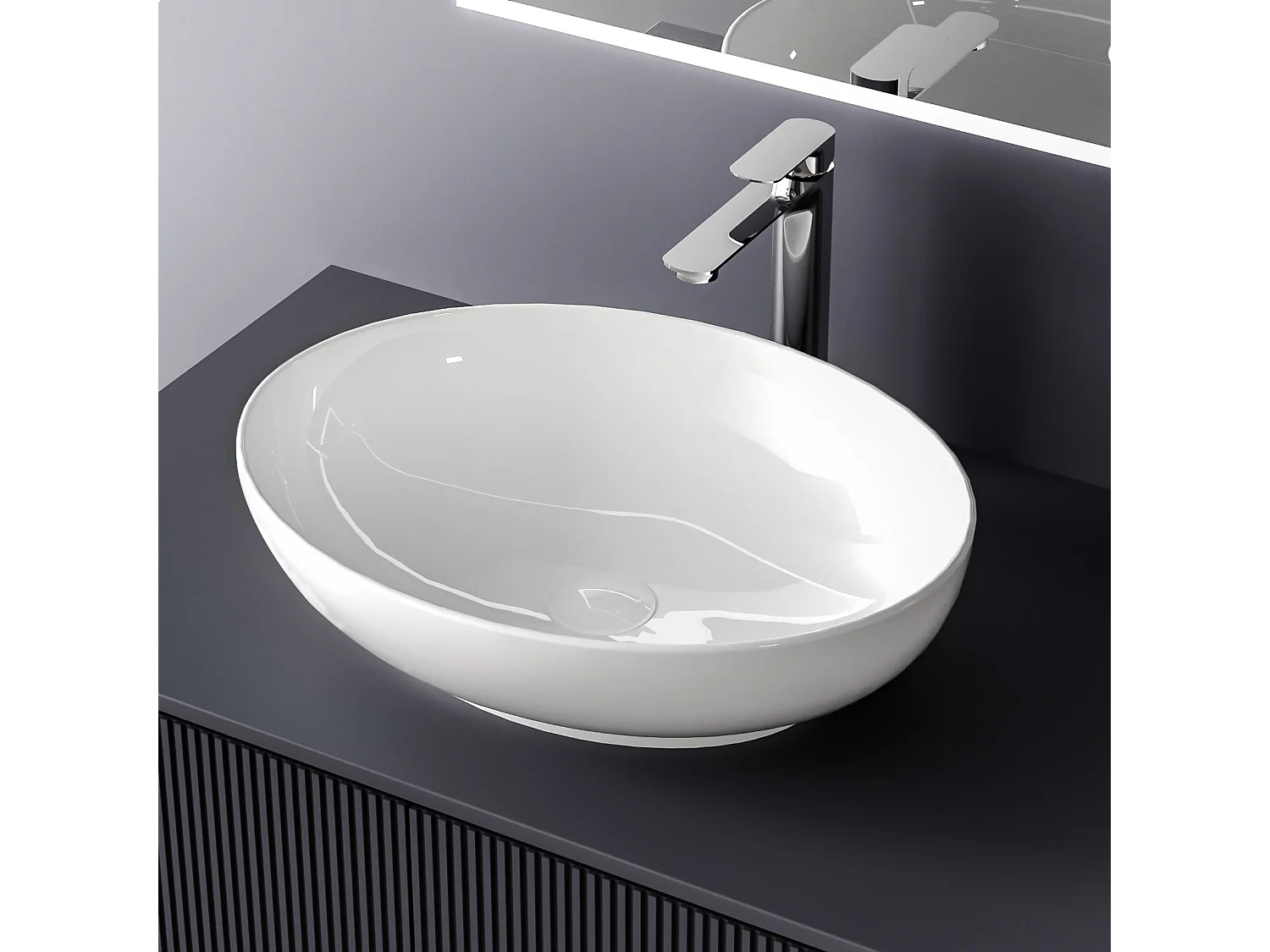 EMKE Vasque à Poser Ovale 520 x 395 x 130 mm, Lavabo de Salle de Bain en Céramique, Montage sur Comptoir, Blanc Brillant