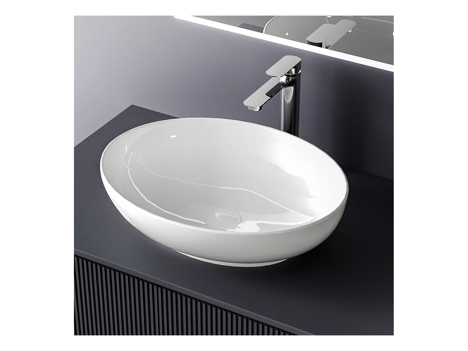 EMKE Vasque à Poser Ovale 520 x 395 x 130 mm, Lavabo de Salle de Bain en Céramique, Montage sur Comptoir, Blanc Brillant