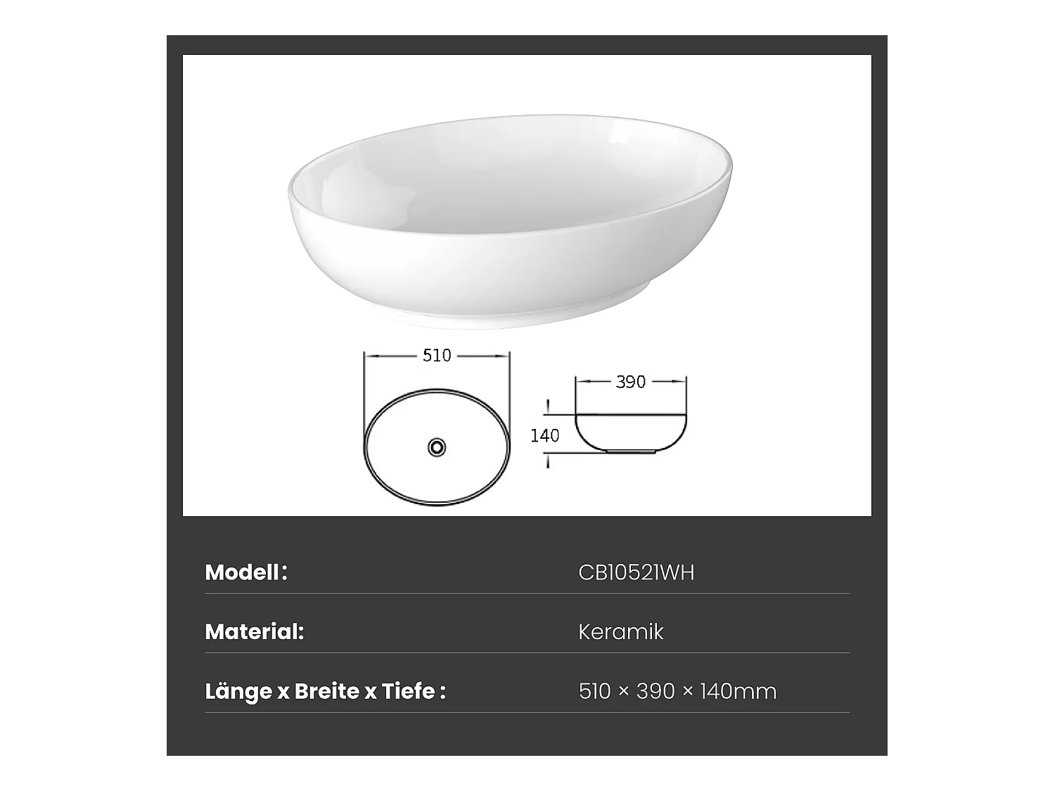 EMKE Vasque à Poser Ovale 520 x 395 x 130 mm, Lavabo de Salle de Bain en Céramique, Montage sur Comptoir, Blanc Brillant