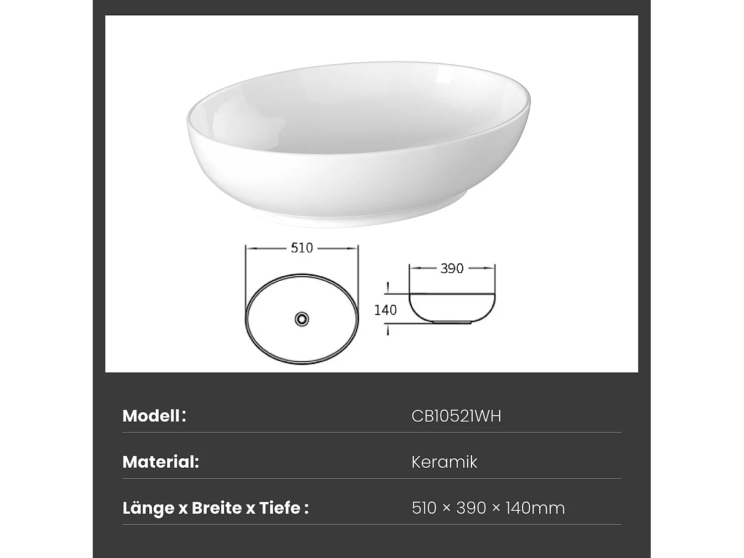 EMKE Vasque à Poser Ovale 520 x 395 x 130 mm, Lavabo de Salle de Bain en Céramique, Montage sur Comptoir, Blanc Brillant