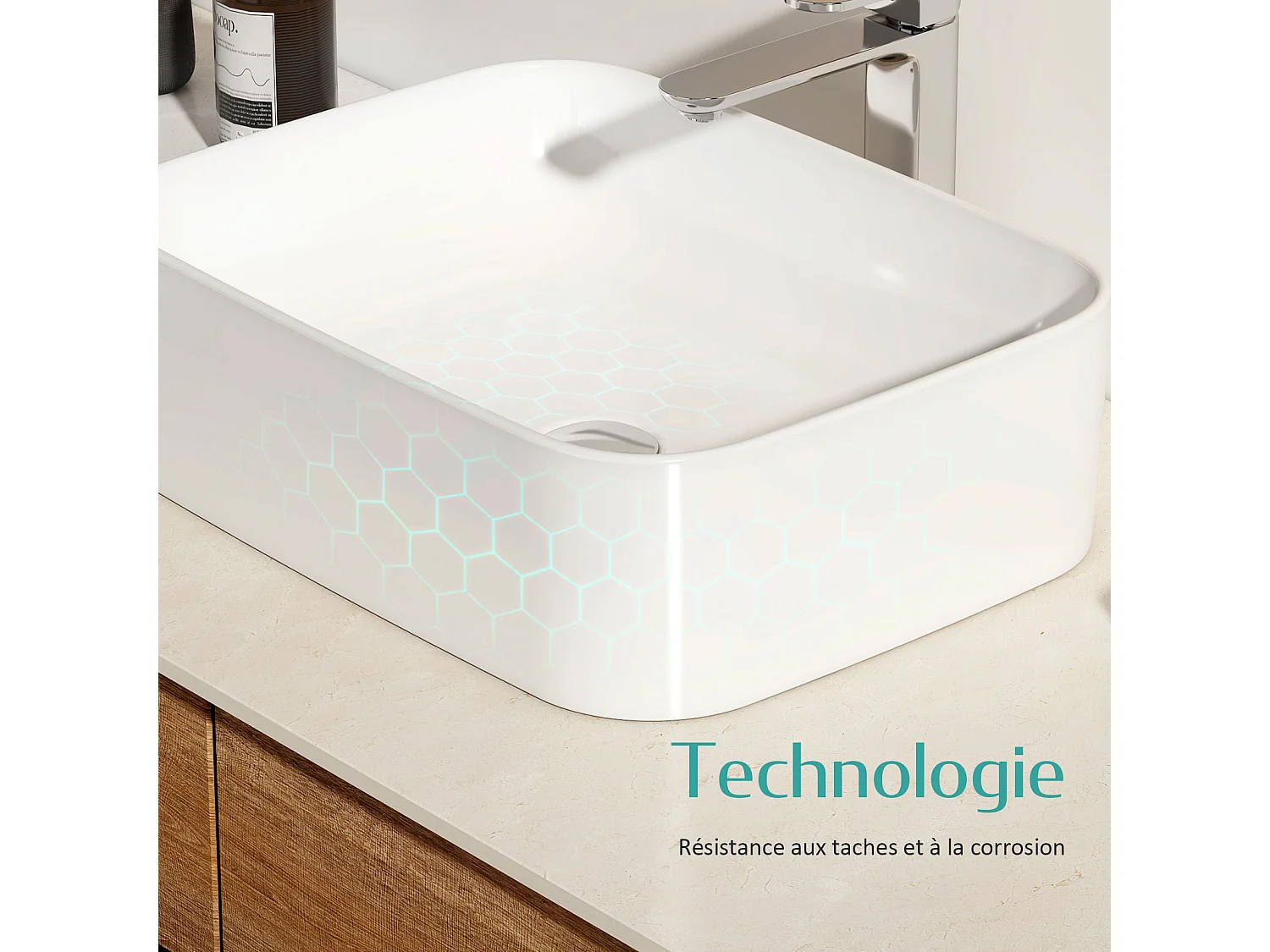 EMKE Vasque à Poser 505 x 380 x 150 mm, Lavabo Rectangulaire en Céramique pour Salle de Bain, Design Angles Arrondis R, Blanc Mat