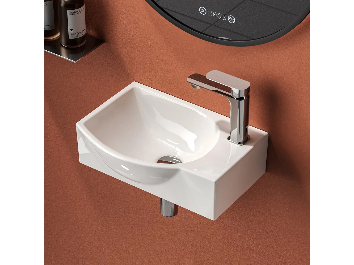 EMKE Lavabo Mural de Salle de Bain 405 x 280 x 140 mm, Vasque Rectangulaire en Céramique, Trou pour Robinet à Gauche, Blanc Brillant