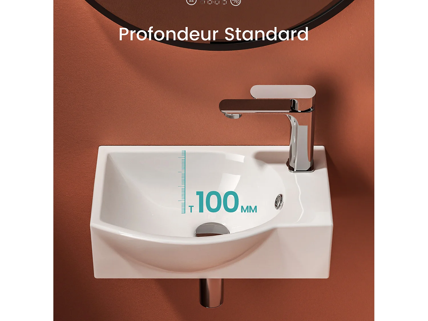 EMKE Lavabo Mural de Salle de Bain 405 x 280 x 140 mm, Vasque Rectangulaire en Céramique, Trou pour Robinet à Gauche, Blanc Brillant