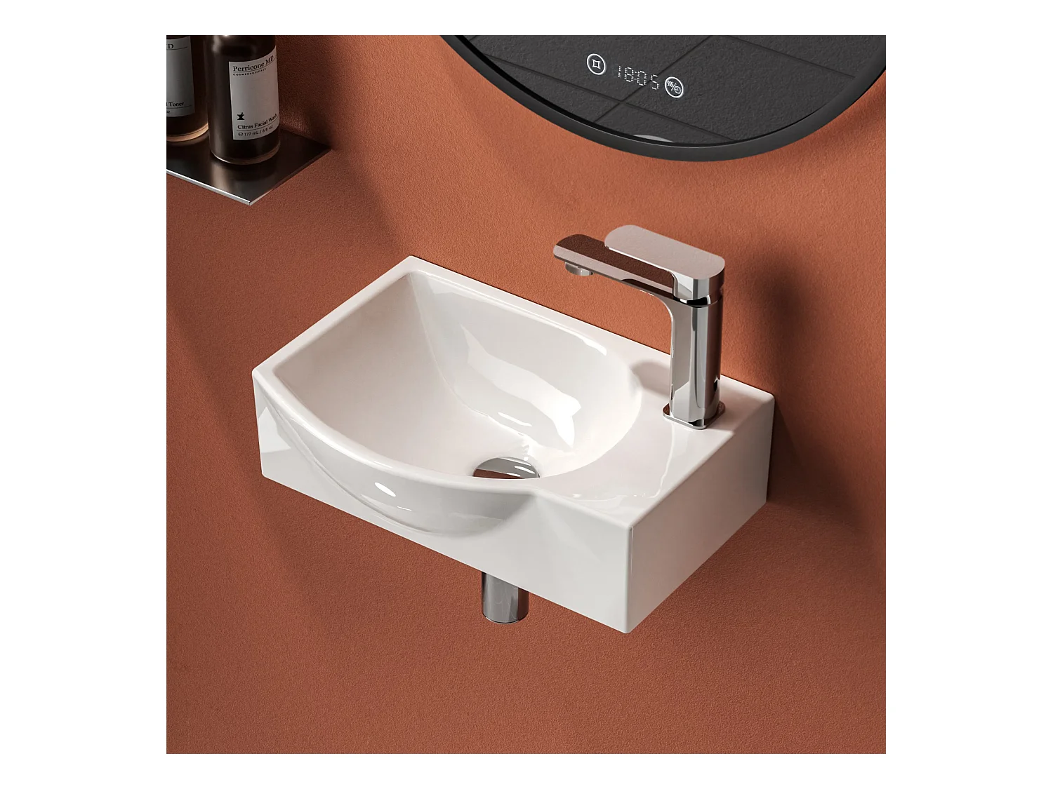 EMKE Lavabo Mural de Salle de Bain 405 x 280 x 140 mm, Vasque Rectangulaire en Céramique, Trou pour Robinet à Gauche, Blanc Brillant