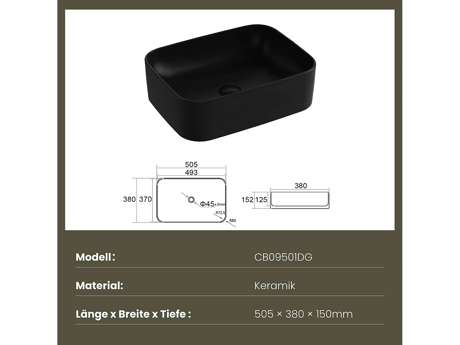 EMKE Vasque à Poser 505 x 380 x 150 mm, Lavabo Rectangulaire en Céramique pour Salle de Bain, Coins Arrondis R, Gris Foncé Mat