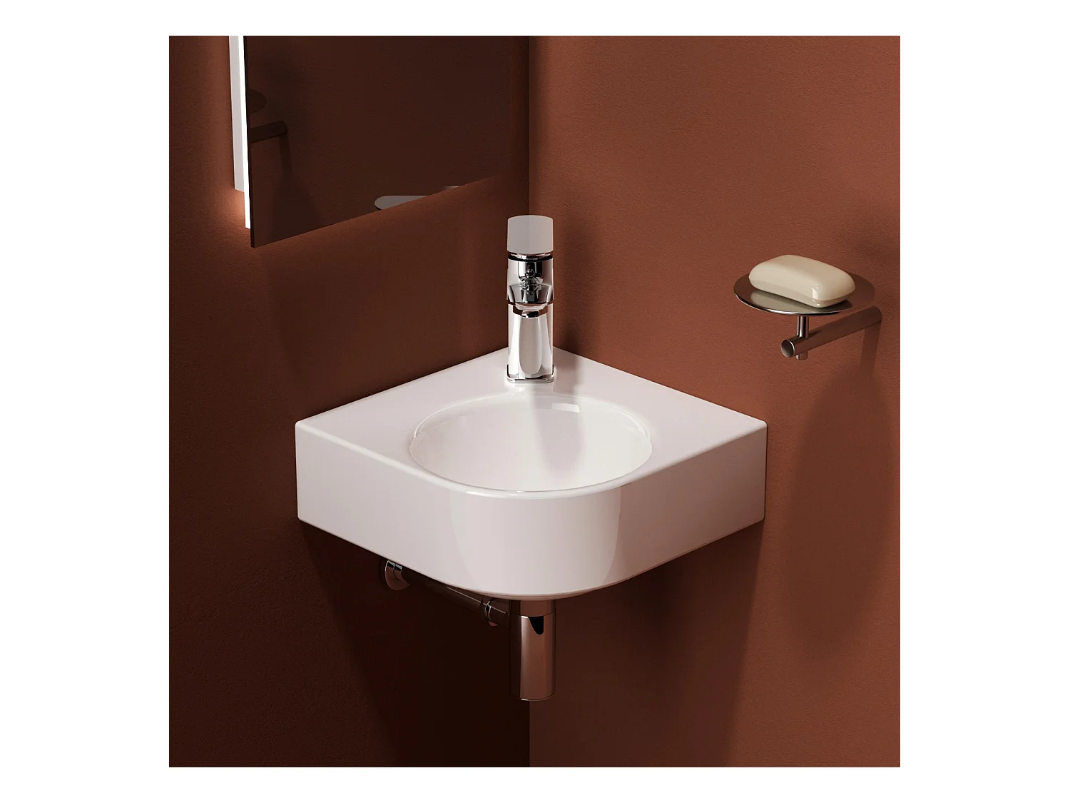 EMKE Lavabo d'Angle Mural de Salle de Bain 440 x 385 x 155 mm, Vasque Compacte en Céramique, Lavabo Gain de Place, Montage mural, Blanc Brillant