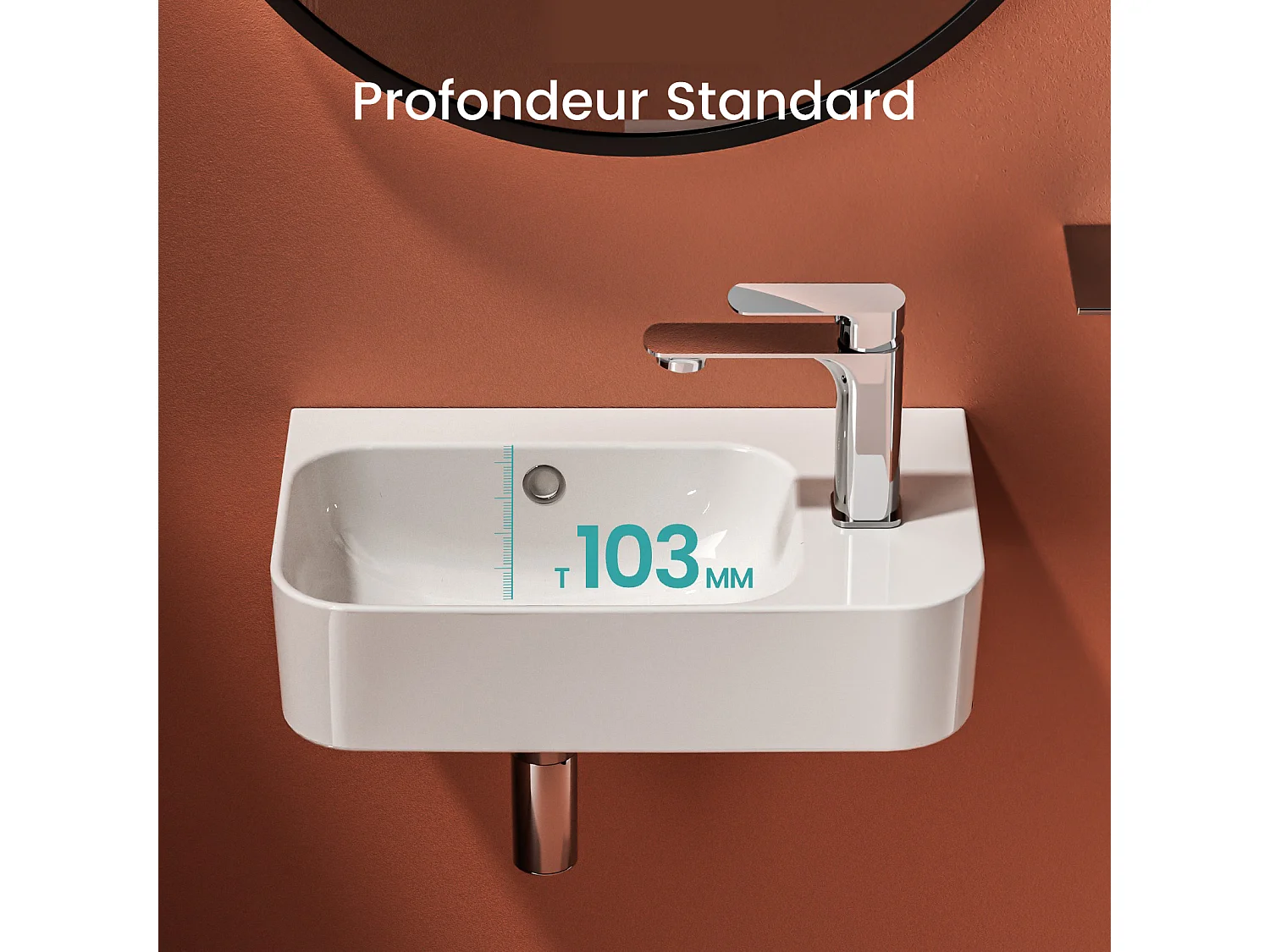 EMKE Lavabo Mural de Salle de Bain 450 x 265 x 156 mm, Vasque Rectangulaire en Céramique, Trou pour Robinet à Gauche, Blanc Brillant