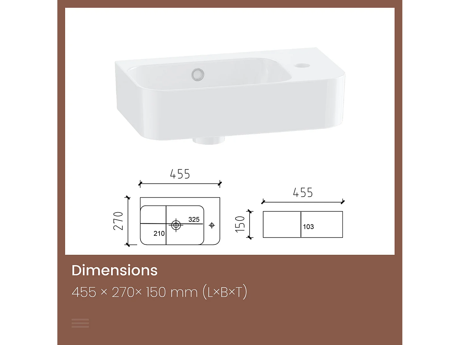 EMKE Lavabo Mural de Salle de Bain 450 x 265 x 156 mm, Vasque Rectangulaire en Céramique, Trou pour Robinet à Gauche, Blanc Brillant