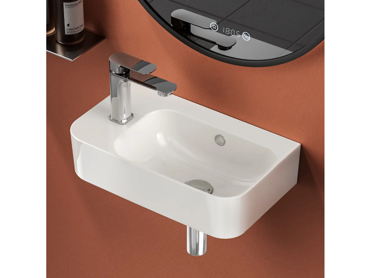 EMKE Lavabo Mural de Salle de Bain 450 x 265 x 156 mm, Vasque Rectangulaire en Céramique, Trou pour Robinet à Droite, Blanc Brillant