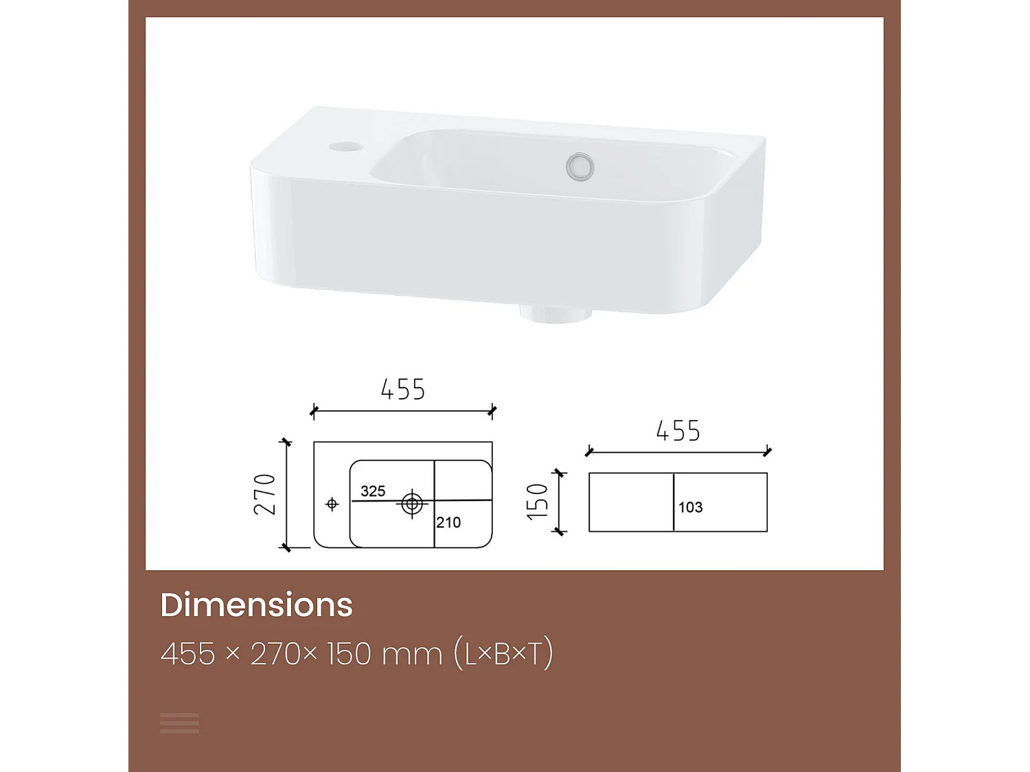 EMKE Lavabo Mural de Salle de Bain 450 x 265 x 156 mm, Vasque Rectangulaire en Céramique, Trou pour Robinet à Droite, Blanc Brillant