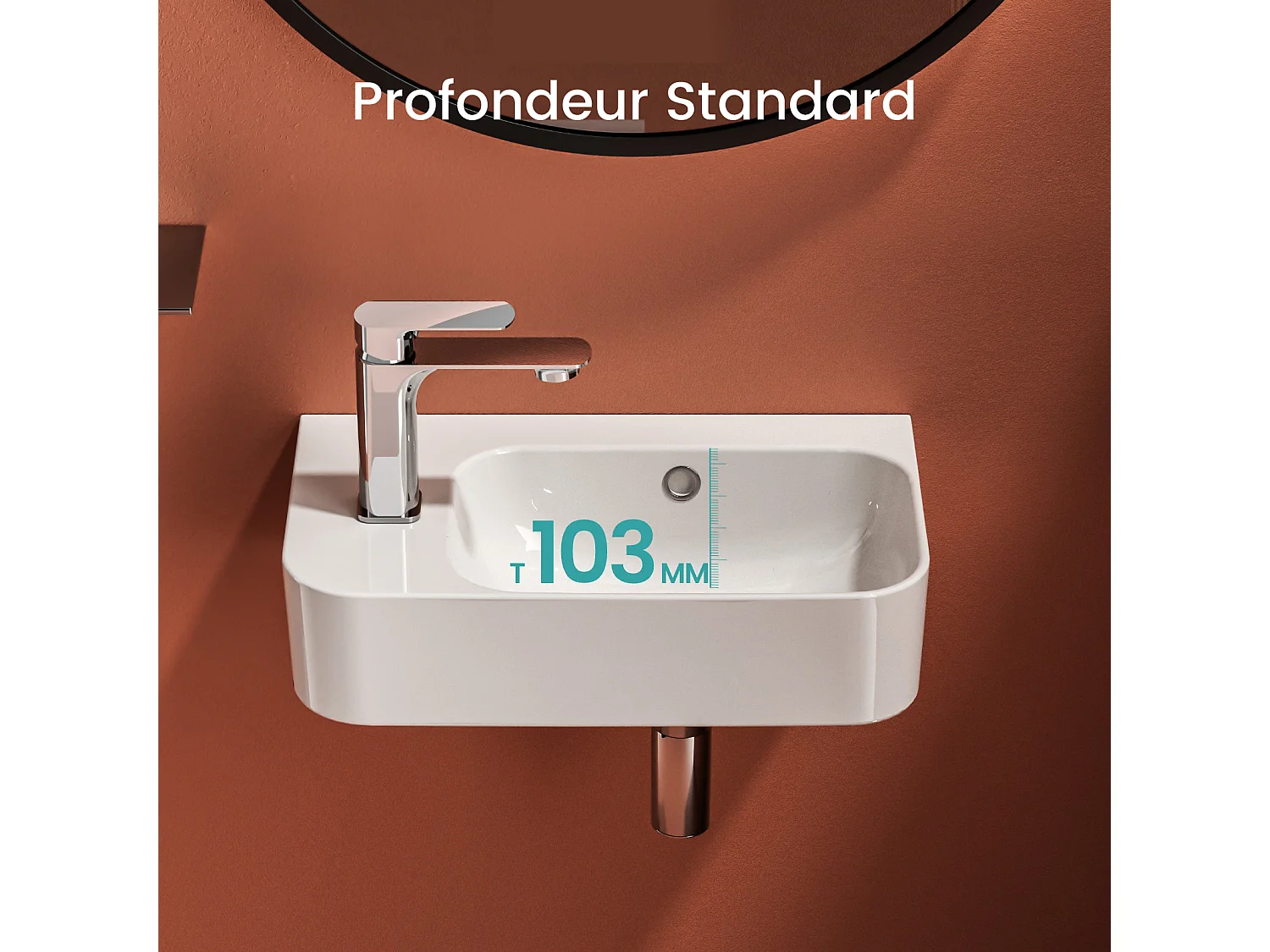 EMKE Lavabo Mural de Salle de Bain 450 x 265 x 156 mm, Vasque Rectangulaire en Céramique, Trou pour Robinet à Droite, Blanc Brillant