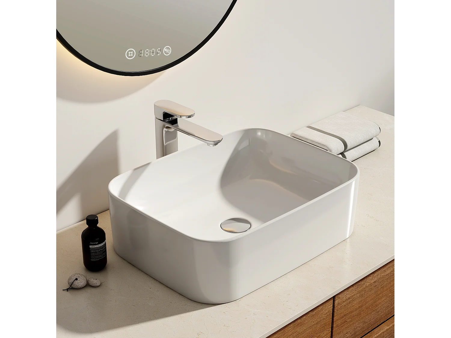 EMKE Vasque à poser céramique 50,5×38×15cm, Lavabo salle de bain rectangulaire, Lavabo en céramique blanc brillant