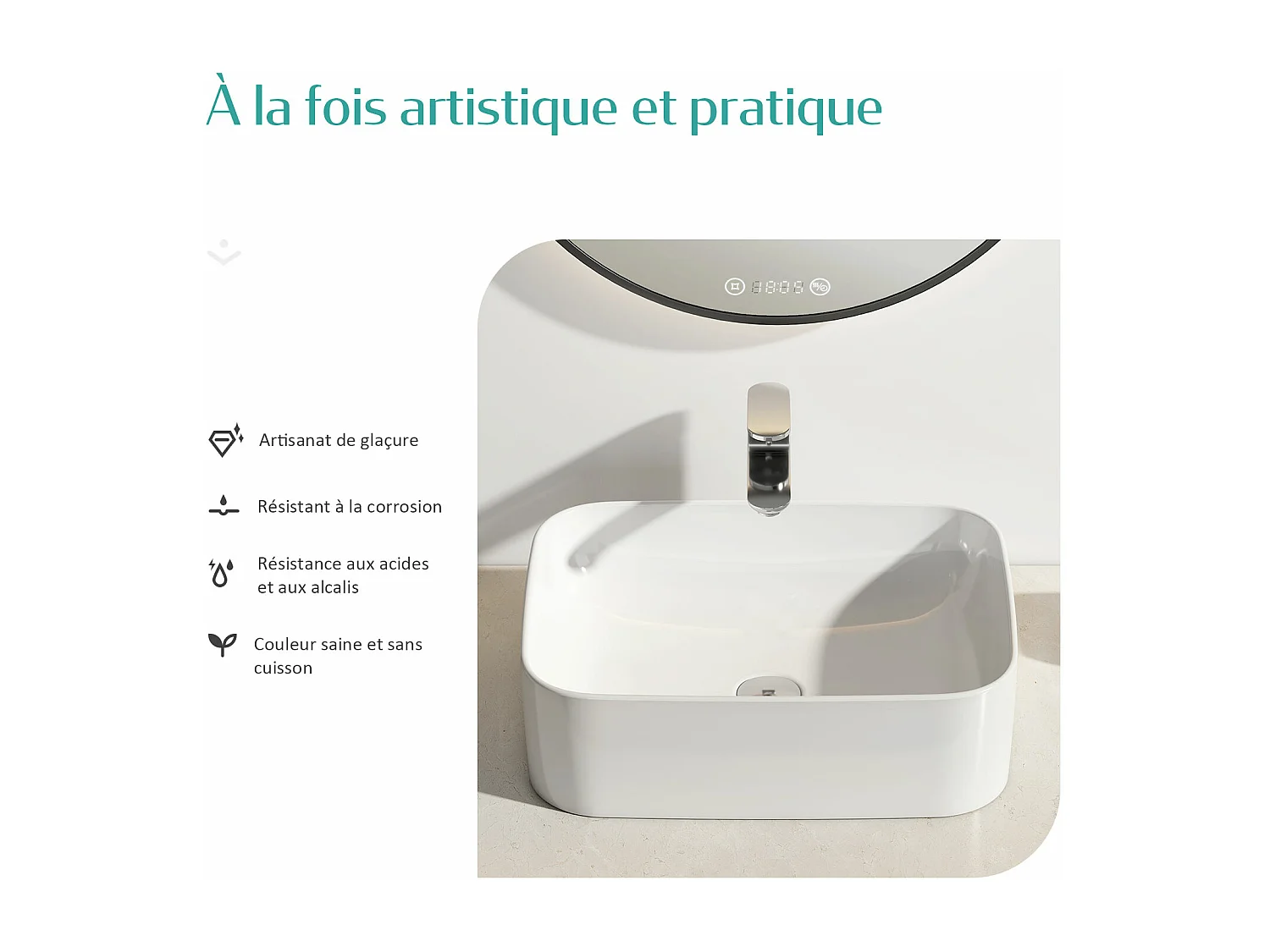 EMKE Vasque à poser céramique 50,5×38×15cm, Lavabo salle de bain rectangulaire, Lavabo en céramique blanc brillant