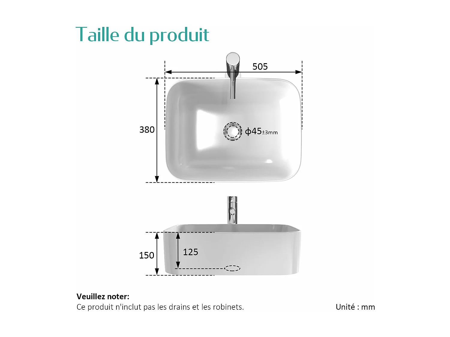 EMKE Vasque à poser céramique 50,5×38×15cm, Lavabo salle de bain rectangulaire, Lavabo en céramique blanc brillant