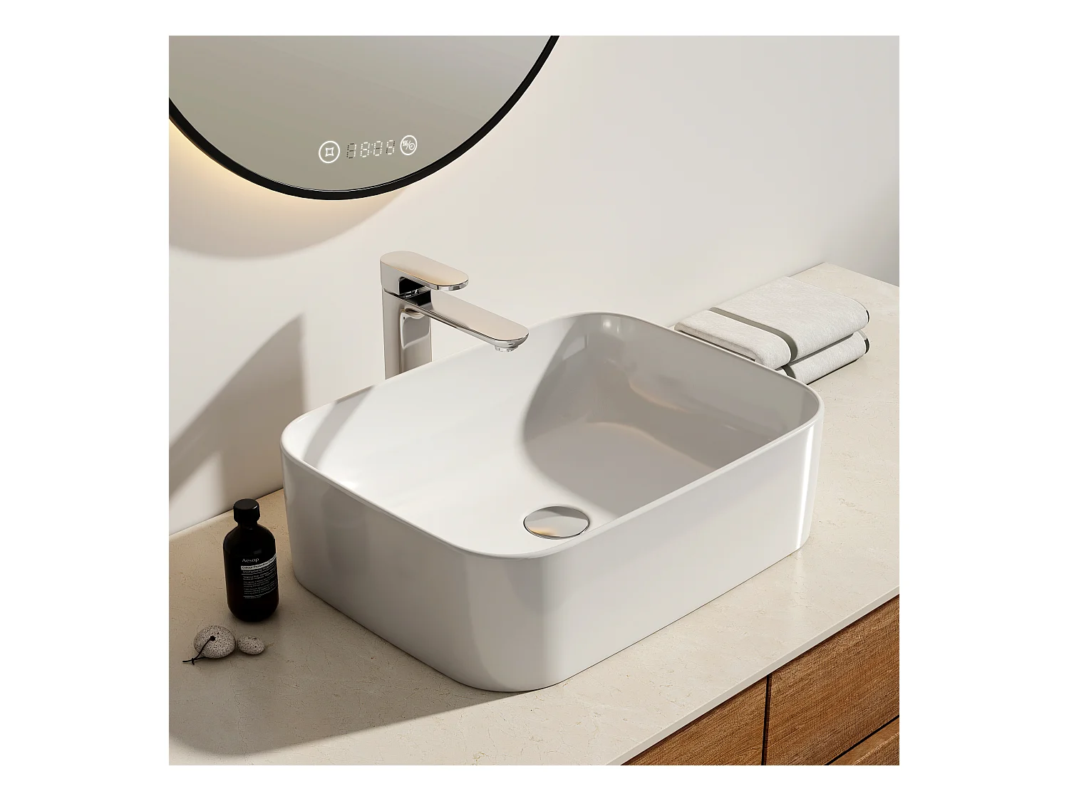 EMKE Vasque à poser céramique 50,5×38×15cm, Lavabo salle de bain rectangulaire, Lavabo en céramique blanc brillant