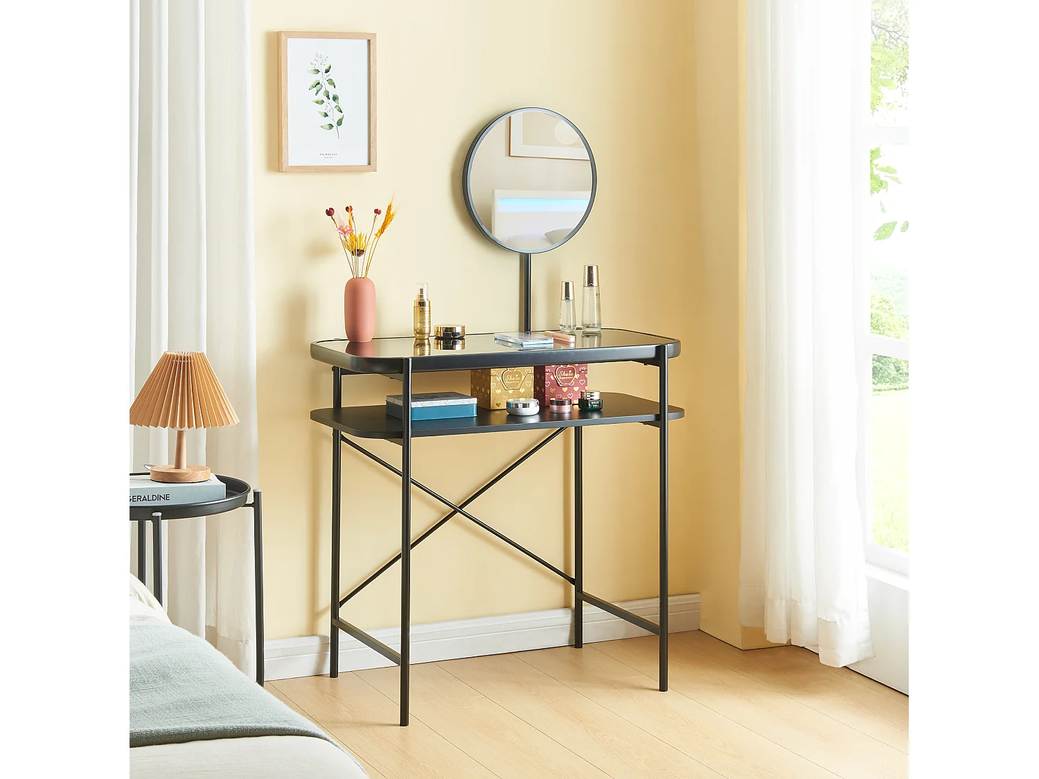 Coiffeuse Hjelmeland acier verre 129 x 80 x 44 cm noir [en.casa]