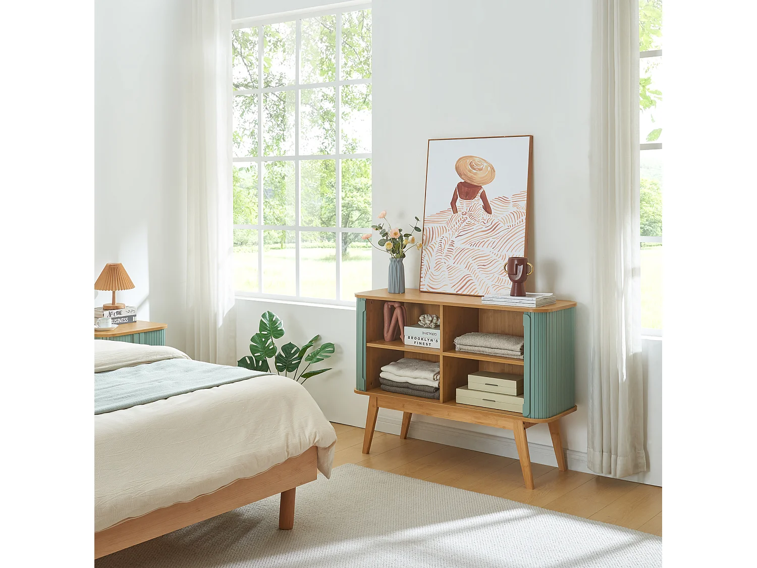 Buffet Tysvær bambou 110 x 40 x 80 cm naturel bleu [en.casa]