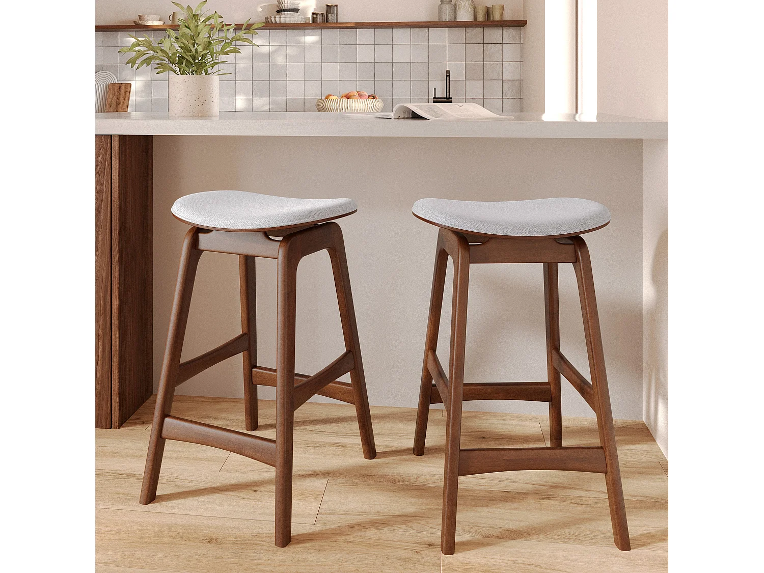 Set de 2 taburetes para isla central en madera y tela gris 65,5 cm - Jude