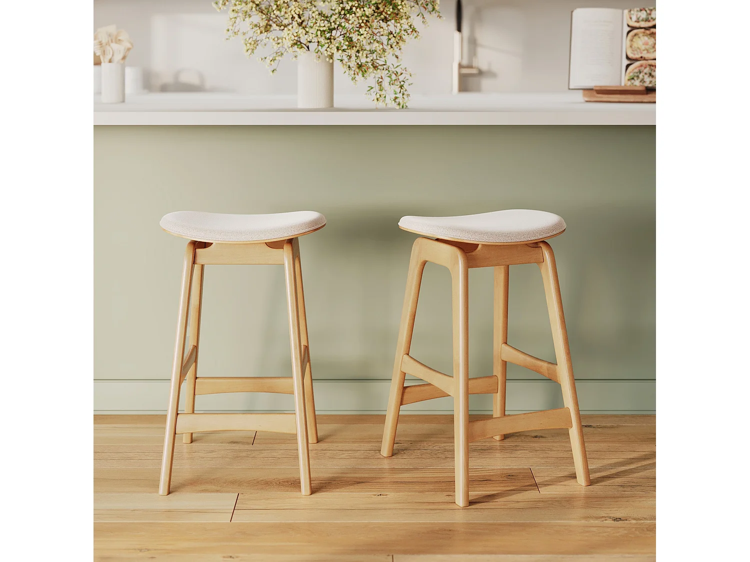 Lot de 2 tabourets pour îlot central 65,5 cm en bois et tissu beige - Jude