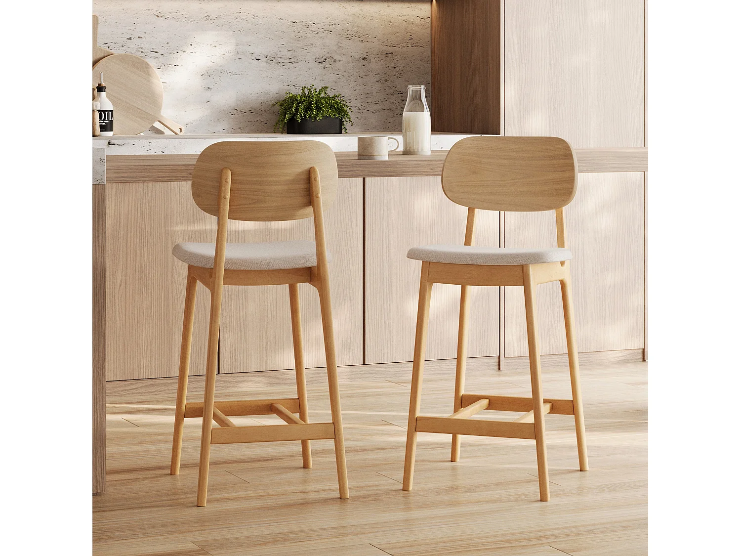 Set de 2 sillas para isla central en madera y tela beige 66 cm - Charlize