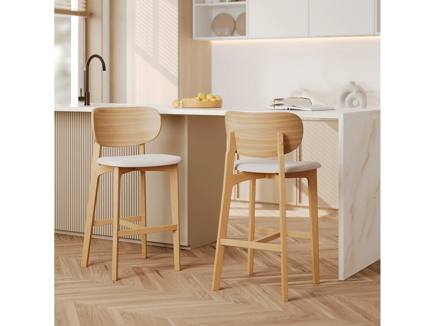 Set de 2 sillas para isla central en madera y tela beige 66 cm - Aria
