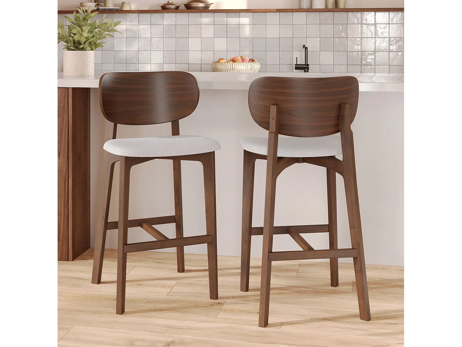 Set di 2 sedie da bar per isola centrale 66 cm legno e tessuto grigio - Aria