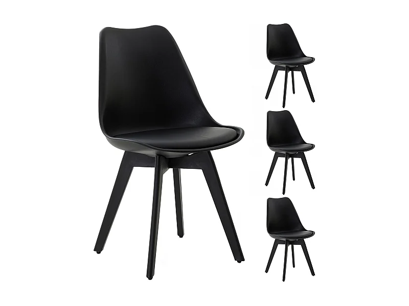 Lot de 4 chaises de salle à manger ROUEN, chaises de cuisine en plastique noir avec coussin d'assise