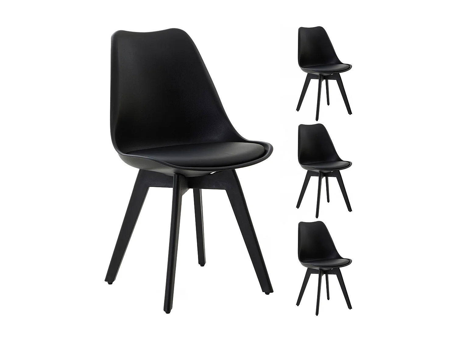 Lot de 4 chaises de salle à manger ROUEN, chaises de cuisine en plastique noir avec coussin d'assise