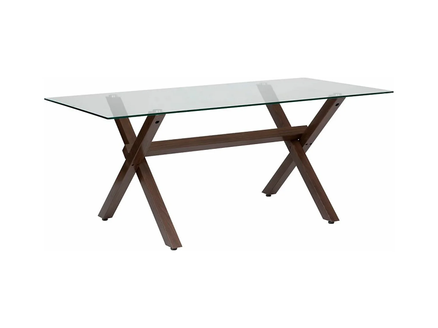 Table de repas, table à manger rectangulaire en verre et pieds en acier effet noyer
