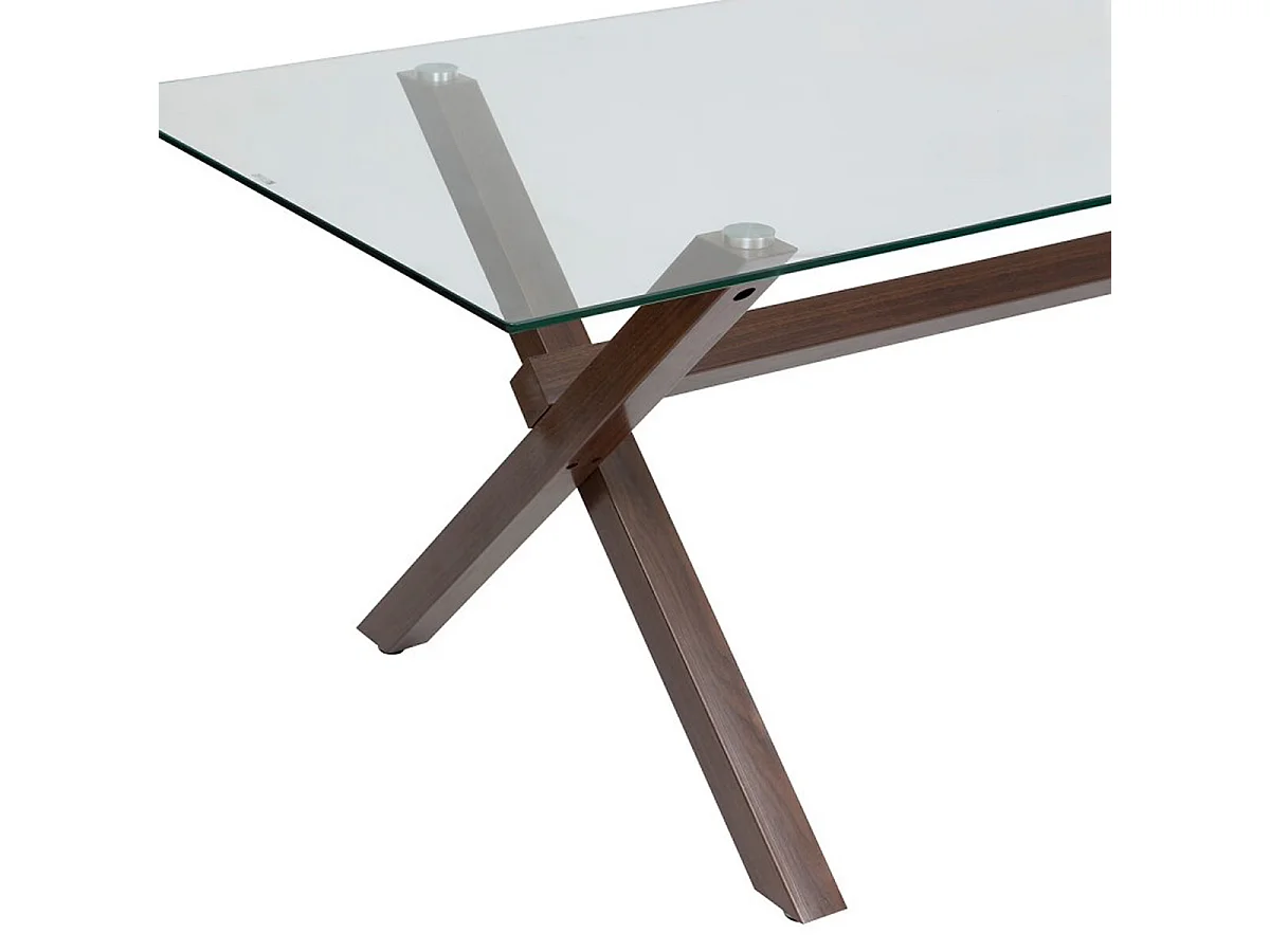 Table de repas, table à manger rectangulaire en verre et pieds en acier effet noyer