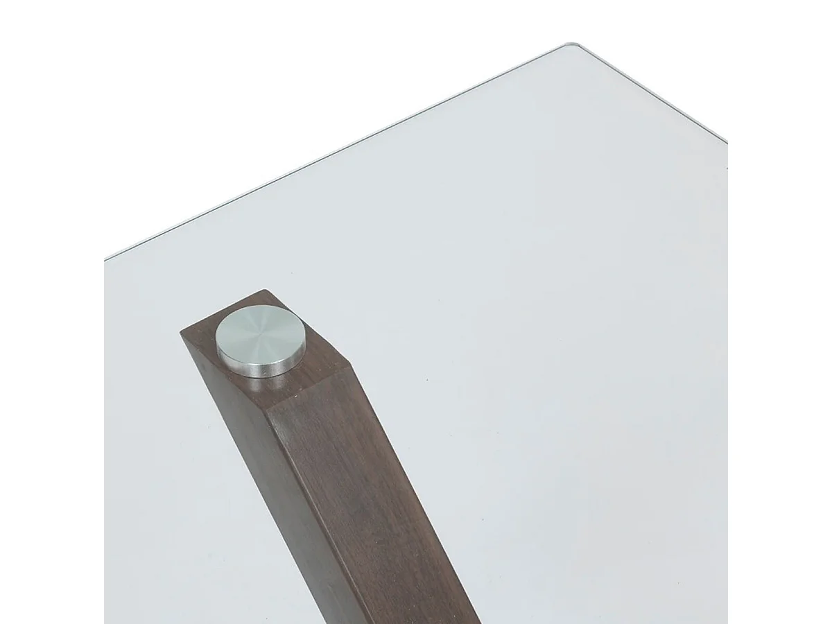 Table de repas, table à manger rectangulaire en verre et pieds en acier effet noyer