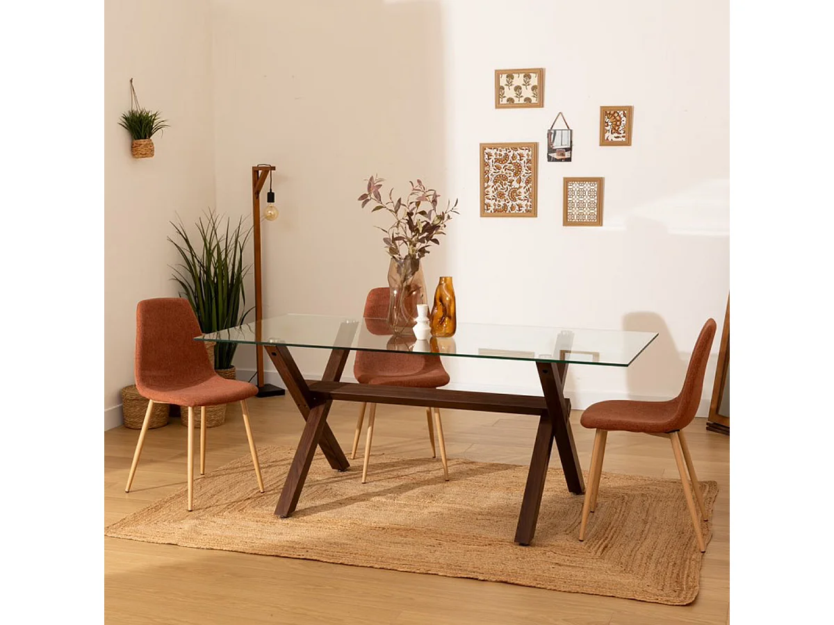 Table de repas, table à manger rectangulaire en verre et pieds en acier effet noyer