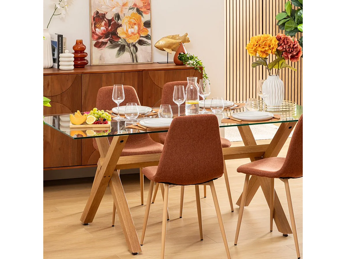 Table de repas, table à manger rectangulaire en verre et pieds en acier effet chêne