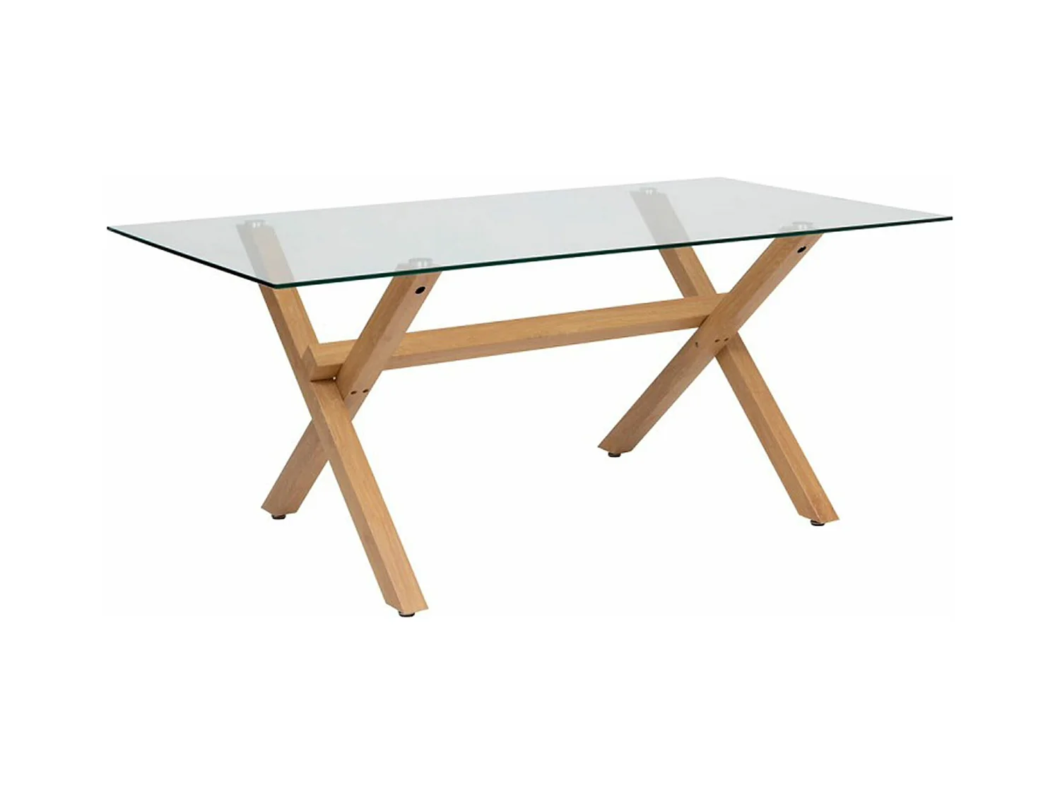 Table de repas, table à manger rectangulaire en verre et pieds en acier effet chêne