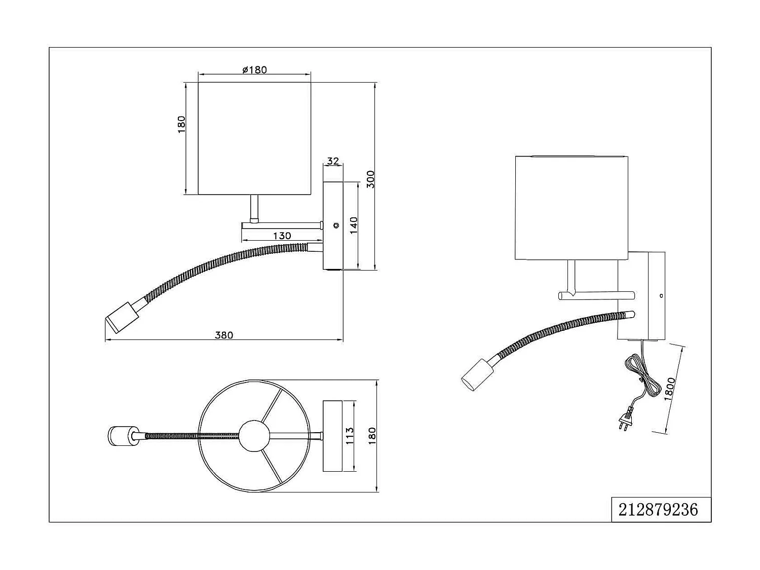 Applique con lampada da lettura, metallo e legno, nero, L 18 cm, Nilam