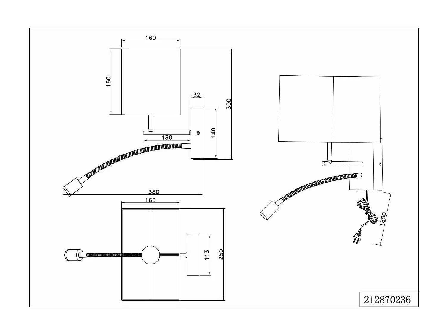 Applique con lampada da lettura, metallo e legno, nero, L 25 cm, Nilam