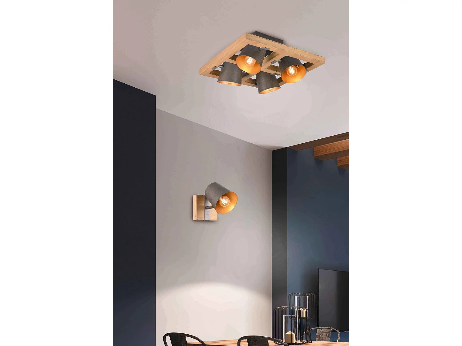 Spot orientabile, legno e metallo, naturale e acciaio/oro, H 18 cm, Bell