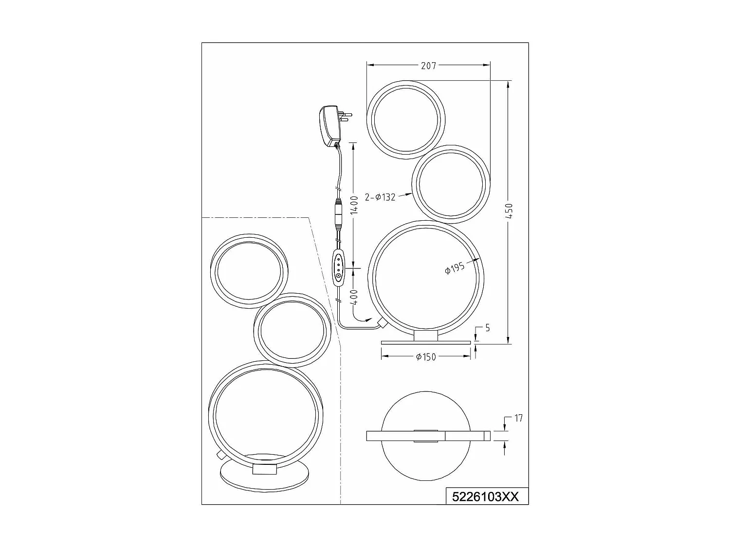 Lampda da tavolo LED 3 cerchi, metallo, bianco opaco, H 45 cm, Rondo